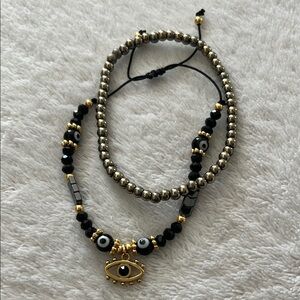 Gold and Black Beaded Evil Eye Bracelet Set